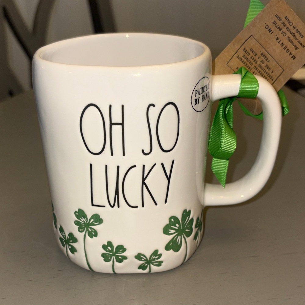 Rae Dunn White Mug with Green Clovers 'Oh So Lucky'